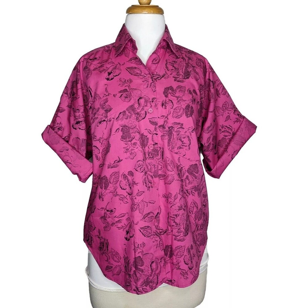 Raspberry Pink Roll Sleeve Shirt Top Vintage 80s M B42 Oversized Camp